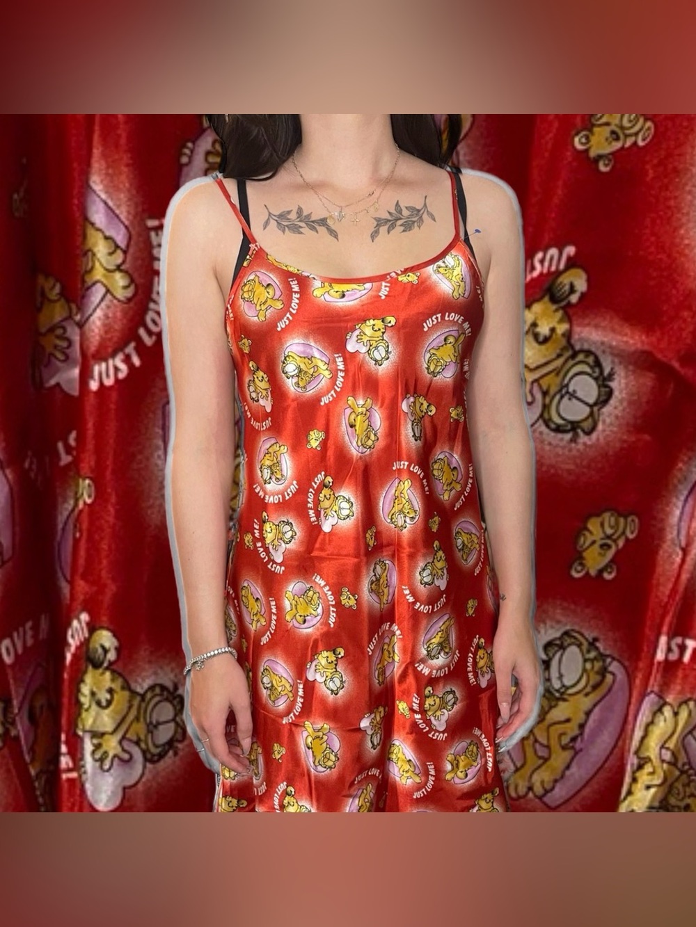 VTG 1X Plus Size Nighty Slip Graphic Mini Dress with Garfield Valentines Print